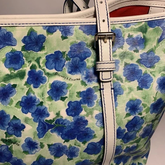 Dooney & Bourke Blue Floral Coated Canvas Tote Shoulder Bag White Trim - Picture 4 of 14
